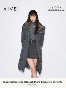 AIVEI | Hooded Checkered Patchwork Mid Length Down Jacket