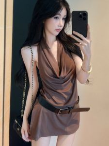 GUZILIAN | Retro Hong Kong Style Spicy Girl Neck Hanging Sleeveless Wrap Chest Shorty Two-Piece Set Body Design Sensation Top Shorts