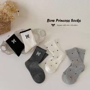 5 Pairs/set Childrens Socks Spring Autumn Kids Girls Mid Calf Bow Polka Dots Print Sock Fashion Princess Socks For Students