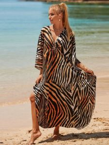 Wild Animal Print Kaftan Dress V-Neck Long Sleeve Beach Vacation Dress Bohemian Style Loose Waist A-Line Skirt Polyester Fiber