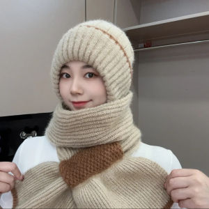Thickened Knitted Hat Scarf Set Autumn Winter Warm Fashionable Color Block Fleece round Top No Brim Casual Style for Women