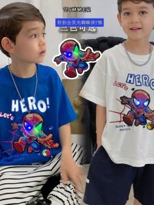 NASA Kids Glowing Spiderman Short Sleeve T-Shirt Pure Cotton Summer Casual Straight Cut Sweat Absorbent round Neck Cartoon Print