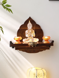 Wall Mounted Wooden Buddhist Shrine | Solid Teak Wood Prayer Altar Shelf |   Meditation & Home Worship