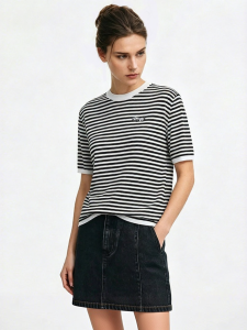 AMII | Summer Short-sleeved Round-neck Sparkling Color Stripe Ice Linen Blended Sweater Women Loose Top
