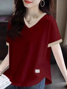 เสื้อยืดแขนสั้นคอวีบล็อกสีผ้าฝ้ายบริสุทธิ์สําหรับผู้หญิงแฟชั่นหลวมพอดีเสื้อเชิ้ตลําลองฤดูร้อนมีขนาดใหญ่