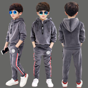 Velvet Fleece Childrens Winter Outfit Boys Two-Piece Set Comfortable Breathable Cotton Polyester Blend Warm Hoodie Pants