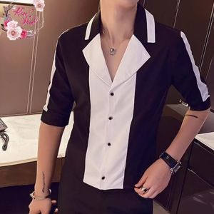 Áo sơ mi nam dài tay cổ vest phối màu đen trắng cực chất và sang chảnh N12