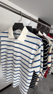 Business Casual American Tops 100%Cotton Yarm-dyed Stripes Ribbed collar Polo Shirts
