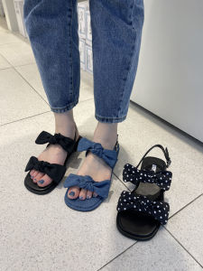 Xiaochi in Seoul 2023 Spring New Low Heel Cloth Cover Girls Shoes Open Toe Strap Sweet Bow Ankle-Strap Sandals
