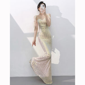 High-end Banquet Elegant Mermaid Sequin Dress with Fringe Shoulders