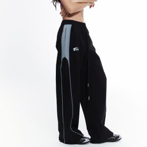 TUFN New Sporty American Retro Black Patchwork Quick Dry Casual Pants Straight Leg Loose Fit Natural Waist Cotton Polyester