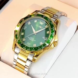OLEVS Golden Green Quartz Watch for Men Luxury Brand Diving Waterproof Stainless steel Rubber Strap Mens Watches Original 9988