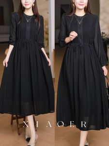 XIAOER | Đầm Cổ Tròn Có Dây Rút Nếp Ly Accordion Bóng