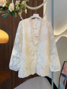 New Chinese Style Stand Collar Button up Floral Print plus Size Womens Shirt Fresh Design Korean Fashion French Style Top