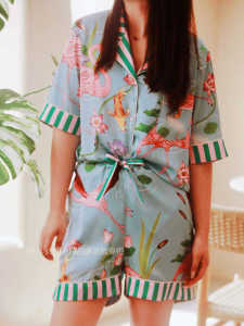 Luxurious Silk Satin Sleepwear Set for Women Summer Collection Short Sleeve Short Pants Home Comfort Fashion Brand KM Flamingo
