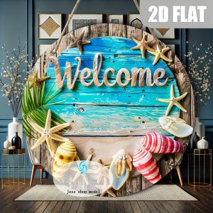 Summer Ocean-Themed Colorful Seashell 2D Flat Wooden round Plate Welcome Sign Home Hanging Decoration Beach Lover Gift