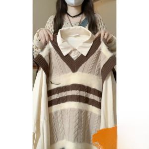 เสื้อกั๊กถักนิตติ้งสไตล์ญี่ปุ่นไซส์ใหญ่สำหรับผู้หญิงอ้วน ฤดูใบไม้ร่วง/ฤดูหนาว ใหม่ ลำลอง ชั้นในเสื้อเชิ้ต