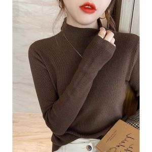 Caramel Long Sleeve Knitted Sweater Womens Slim Fit mid Collar Base Shirt Fashionable Autumn Winter Inner Wear Commute Style