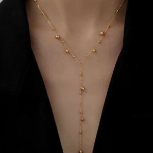สร้อยคอโซ่ยาวแบบ Y ทำจากไททาเนียม ไม่ซีดจาง ลูกปัดกลม ลูกปัดทองเล็ก เครื่องประดับแฟชั่นสำหรับผู้หญิง