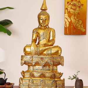 พระพุทธรูปไม้สีทอง สำหรับตั้งโชว์ในห้องนั่งเล่นและห้องศึกษา ตกแต่งบ้านเสริมโชคลาภ ป้องกันภัย ศิลปะไม้แกะสลักพระพุทธรูป