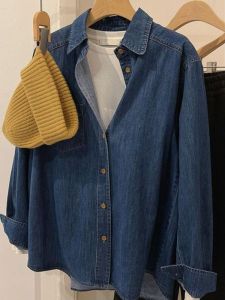 Loose Womens Denim Shirt Jacket Spring Autumn New Style Retro Inner Wear Top Layered Shirt Korean Style Commute Pure Color