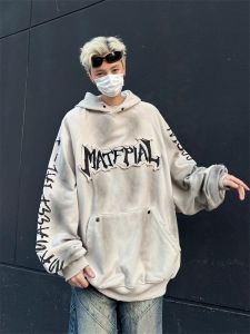 เสื้อฮู้ดลายการ์ตูนสไตล์ย้อนยุคสไตล์อเมริกันสำหรับผู้หญิง ฤดูใบไม้ร่วง/ฤดูหนาว ทรงหลวม ลำลอง คู่รัก เสื้อคลุมกันหนาว