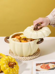 Large Size Ceramic Soup Bowl with Lid Pumpkin Shaped Porcelain Soup Plate Family Use Noodles Soup Bowl Double Eared Spiral Rice Bowl Special