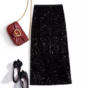 Stylish Black A-line Sparkle Slit Bodycon Midi Skirt