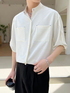 New Chinese Style Mens Short Sleeve Shirt Summer Fashion High-End Drapey Stand Collar Trendy Half Sleeve Handsome Checkered Shirt