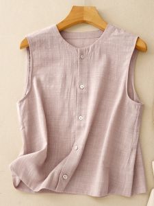 Womens Summer Thin Cotton Linen Vest Soft Pink Round Neck Sleeveless Kashaura Open Shirt Top for 25-29 Birthday Party
