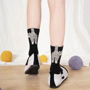 1/2 Pairs Cute Cat Printed Mid Tube Socks Soft Comfortable Sweat Absorbent Breathable Suitable Couples All Season Casual Socks