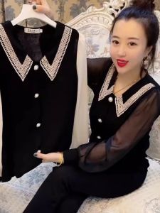 Fall 2025 plus Size Shirt Style Long Sleeve T-Shirt Womens Slimming Doll Collar Patchwork Base Shirt Top Fashion Retro Polyester