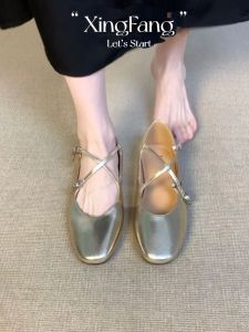 Silver Ballet Flats Womens Retro French Style Cross Buckle Leather Version Mary Jane Shoes Flat Bottom Casual Fashionable