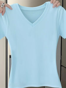 Slim Fit Short Sleeve V-Neck T-Shirt Korean Style Regular Shoulder Design Casual Comfortable Cotton Blue Top for Women