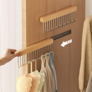 Wooden Wall-mounted with Telescopic Clothes Drying Rack Multi-function Bra Storage Rack with 8 Hook Space-saving Wardrobe Pole