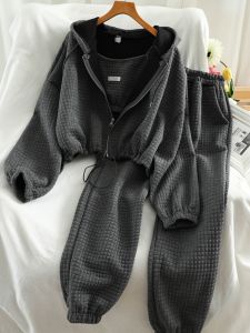 Sporty Casual Set Ultra-Short Hoodie Jacket Trousers Two-Piece Womens Outfit Loose Fit Korean Style Long Sleeve round Neck