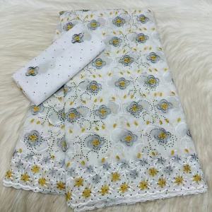 African Cotton Lace Fabric Gray with Orange Blue Embroidery High Quality Nigerian Dry Lace with Stones for Wedding Party Dress