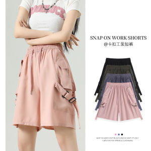 กางเกงขาสั้นสีชมพูเอวสูง ทรงหลวม ทรงตรง กางเกงขายาวทรงขากว้าง ทรงหลวม กางเกงขายาวลำลอง ฤดูร้อน 2024 ใหม่