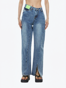ANN ANDELMAN | Asymmetric Twisted Flare Green Patch Jeans