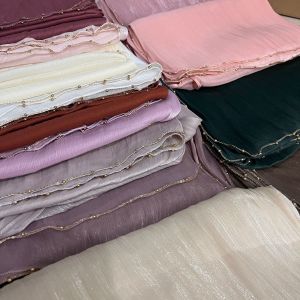 Jifang Shimmer Silk-like Chiffon Island Wrinkle Crinkle Golden Beaded Shawl Pashmina Manik Wedding Party Hijabs Shawls FX06