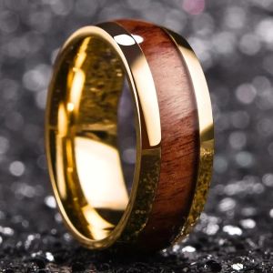 Wholesale Domed Koa Wood Inlay Rings Fashion 8MM Gold Color Men Stainless Steel Rings for Wedding Engagement Jewelry Gift