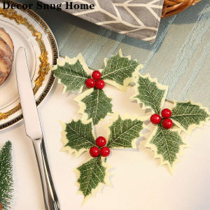 【On Sale】20Pcs Christmas Holly Berries with Green Leaves DIY Wreath Artificial Fake Flowers Red Berry Decoration for Xmas Tree New Year