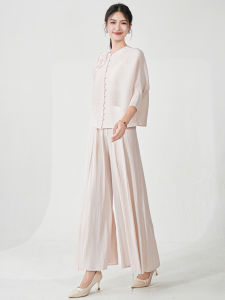 Miyake phong cách Nhật Bản Giảm béo & tâng bốc hai bộ chi tiết: Quần ống rộng sang trọng coord (Top + quần bán riêng)-trang phục mùa Thu phổ biến [25719zsj]