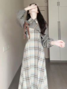 BIFEIMENG | New French Blue Check Long Sleeve Slimming Dresses