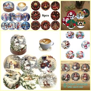 6/8 Pieces of round Coaster Santa Claus Snowman pattern Wooden material Suitable for family water cups Beverage cups non-slip