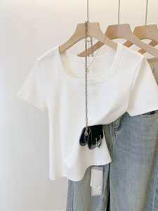 เสื้อยืดแขนสั้นคอเหลี่ยมทรงเข้ารูปผ้าฝ้ายแท้สำหรับผู้หญิง ฤดูร้อน 2025 แฟชั่นเสื้อผ้าทำงานสไตล์เกาหลี