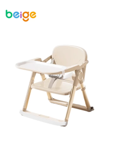 Beige Portable Aluminum Alloy Baby Dining Chair Lightweight Foldable Safety Belt & One-Click Folding