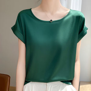 Minimalist Elegant Acetate Silk Satin Short Sleeve T-Shirt Womens round Neck Loose Pure Color Mulberry Silk Versatile Slimming Top