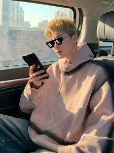 เสื้อสเวตเตอร์มีฮู้ดแบบมีซิปสำหรับผู้ชาย ทรงหลวม แขนยาว ปกโปโล สไตล์ลำลอง ฤดูใบไม้ผลิและฤดูใบไม้ร่วง ผ้ากำมะหยี่ สีชมพู