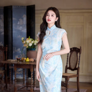 Elegant Chinese Style Modified Cheongsam Dress Light Blue Sleeveless Spring Summer Daily Wear
